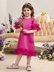 SHEIN 小女童荷葉邊荷葉袖洋裝不附腰帶 - 玫紅色 - 查看 5