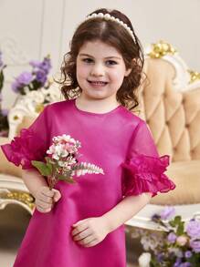 SHEIN 小女童荷葉邊荷葉袖洋裝不附腰帶 - 玫紅色 - 查看 6