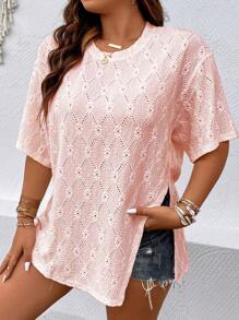 Calvaya 大碼落肩袖下擺開叉T恤 - 粉色 - 查看 3