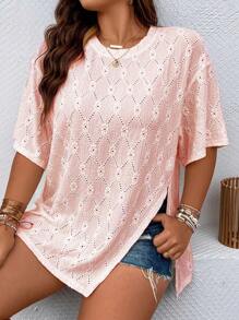 Calvaya 大碼落肩袖下擺開叉T恤 - 粉色 - 查看 4