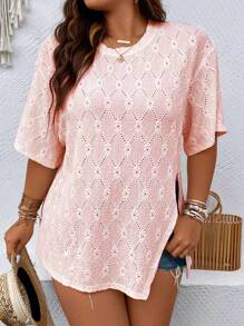 Calvaya 大碼落肩袖下擺開叉T恤 - 粉色 - 查看 5