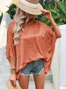 SHEIN VCAY 豹紋提花蝙蝠袖緞面襯衫 - 橘色 - 查看 1