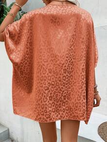 SHEIN VCAY 豹紋提花蝙蝠袖緞面襯衫 - 橘色 - 查看 2