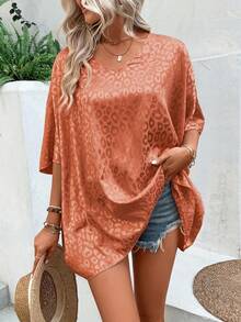 SHEIN VCAY 豹紋提花蝙蝠袖緞面襯衫 - 橘色 - 查看 3