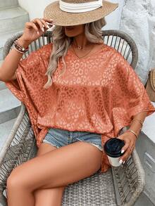 SHEIN VCAY 豹紋提花蝙蝠袖緞面襯衫 - 橘色 - 查看 4