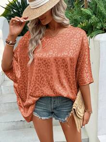 SHEIN VCAY 豹紋提花蝙蝠袖緞面襯衫 - 橘色 - 查看 5