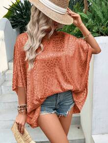 SHEIN VCAY 豹紋提花蝙蝠袖緞面襯衫 - 橘色 - 查看 6