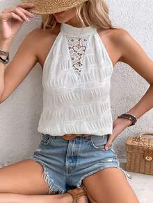 SHEIN VCAY Áo khoác và áo lót dành cho xe tăng nữ Tương phản ren Buộc lại màu trơn Giải trí - trắng - Xem 2