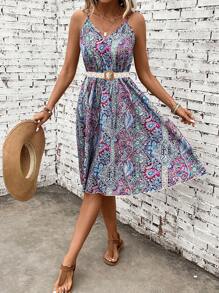 SHEIN LUNE 佩斯利和花圖案吊帶連衣裙不附腰帶 - 彩色 - 查看 1