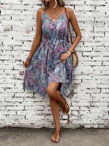 SHEIN LUNE 佩斯利和花圖案吊帶連衣裙不附腰帶 - 彩色 - 查看 3