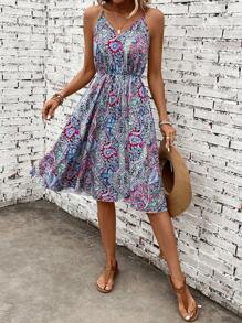 SHEIN LUNE 佩斯利和花圖案吊帶連衣裙不附腰帶 - 彩色 - 查看 4