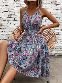 SHEIN LUNE 佩斯利和花圖案吊帶連衣裙不附腰帶 - 彩色 - 查看 5