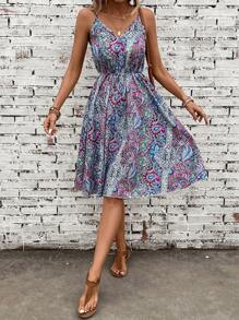 SHEIN LUNE 佩斯利和花圖案吊帶連衣裙不附腰帶 - 彩色 - 查看 6