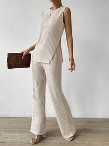 SHEIN Essnce Split Hem Tank Top & Pants - Apricot - View 3