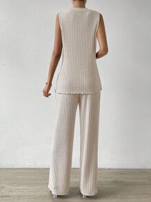 SHEIN Essnce Split Hem Tank Top & Pants - Apricot - View 4