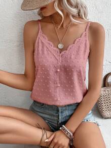 Breezaya Swiss Dot Contrast Lace Cami Top - Pink - View 1