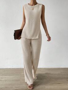 SHEIN Essnce Split Hem Tank Top & Pants - Apricot - View 5