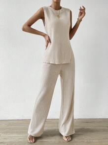 SHEIN Essnce Split Hem Tank Top & Pants - Apricot - View 6