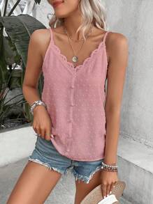 Breezaya Swiss Dot Contrast Lace Cami Top - Pink - View 3