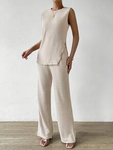 SHEIN Essnce Split Hem Tank Top & Pants - Apricot - View 2