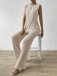 SHEIN Essnce Split Hem Tank Top & Pants - Apricot - View 1