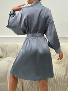 Solid Belted Satin Robe Luxeloungewear, Fall & Winter Cozy And Elegant - Dusty Blue - View 2
