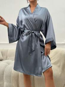 Solid Belted Satin Robe Luxeloungewear, Fall & Winter Cozy And Elegant - Dusty Blue - View 3