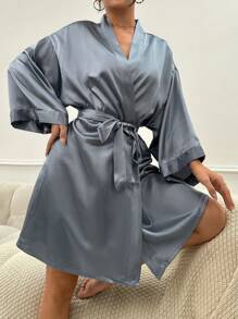 Solid Belted Satin Robe Luxeloungewear, Fall & Winter Cozy And Elegant - Dusty Blue - View 5