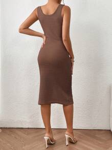 Chiquease 前扭結高衩華夫格編織背心連衣裙 - 咖啡棕 - 查看 2