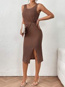 Chiquease 前扭結高衩華夫格編織背心連衣裙 - 咖啡棕 - 查看 4