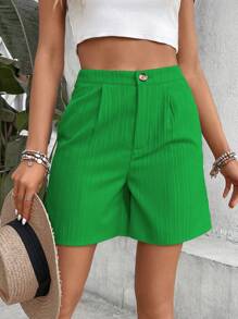 SHEIN VCAY Quần đùi nữ Nút Túi Uốn nếp màu trơn Giải trí - màu xanh lá - Xem 5