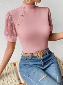 SHEIN Privé Contrast Mesh Button Detail Mock Neck Tee - Pink - View 1