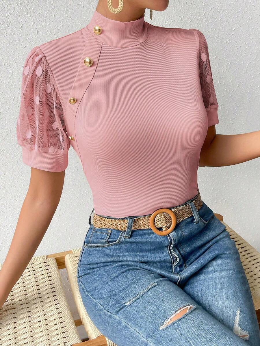 SHEIN Privé Contrast Mesh Button Detail Mock Neck Tee - Pink - View 1
