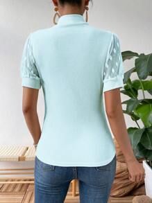 SHEIN Privé Contrast Mesh Button Detail Mock Neck Tee - Blue - View 2