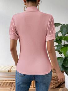 SHEIN Privé Contrast Mesh Button Detail Mock Neck Tee - Pink - View 2