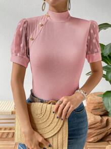 SHEIN Privé Contrast Mesh Button Detail Mock Neck Tee - Pink - View 3