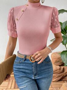 SHEIN Privé Contrast Mesh Button Detail Mock Neck Tee - Pink - View 4