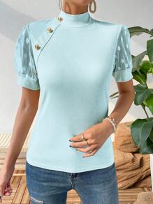 SHEIN Privé Contrast Mesh Button Detail Mock Neck Tee - Blue - View 6