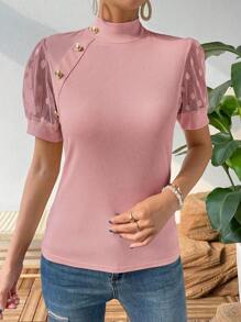 SHEIN Privé Contrast Mesh Button Detail Mock Neck Tee - Pink - View 6