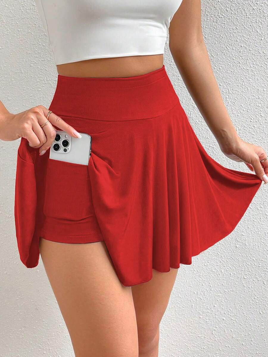Chiquease High Waist Phone Pocket Detail Skort For New Year Clothes - Red - View 1