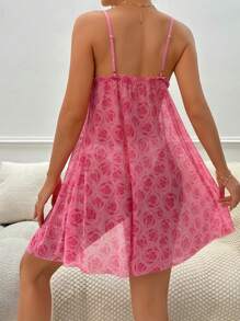 滿版印花褶邊高開叉網紗吊帶睡裙 - 粉色 - 查看 2