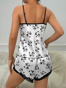 熊貓印花蕾絲拼接前蝴蝶結緞面睡衣套裝 - 黑與白 - 查看 2