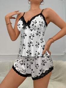 熊貓印花蕾絲拼接前蝴蝶結緞面睡衣套裝 - 黑與白 - 查看 6