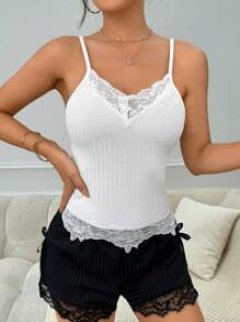 蕾絲拼接吊帶家居服上裝 - 白色 - 查看 4