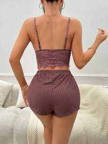 Bộ đồ ngủ Nữ Lộ Lưng Tương phản ren Hoa - Gỗ đỏ - Xem 2