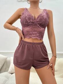 Bộ đồ ngủ Nữ Lộ Lưng Tương phản ren Hoa - Gỗ đỏ - Xem 4