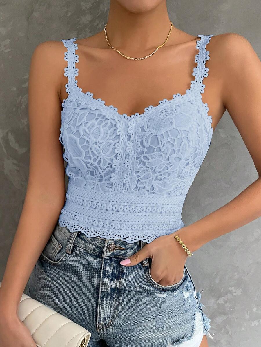 SHEIN Privé Guipure Lace Cami Top - Baby Blue - View 1