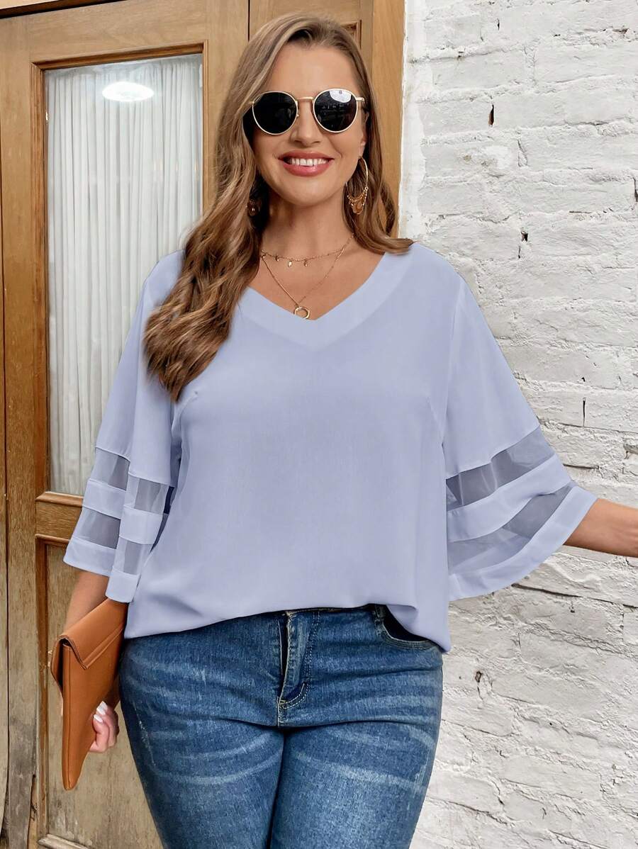 SHEIN LUNE Áo sơ mi Plus Size Tương phản Mesh cắt màu trơn Giải trí - Màu xanh nhạt - Xem 1