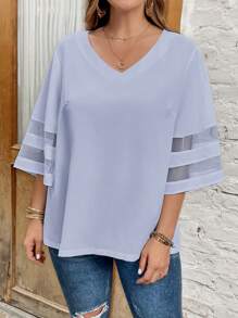 SHEIN LUNE Áo sơ mi Plus Size Tương phản Mesh cắt màu trơn Giải trí - Màu xanh nhạt - Xem 3