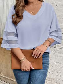 SHEIN LUNE Áo sơ mi Plus Size Tương phản Mesh cắt màu trơn Giải trí - Màu xanh nhạt - Xem 4